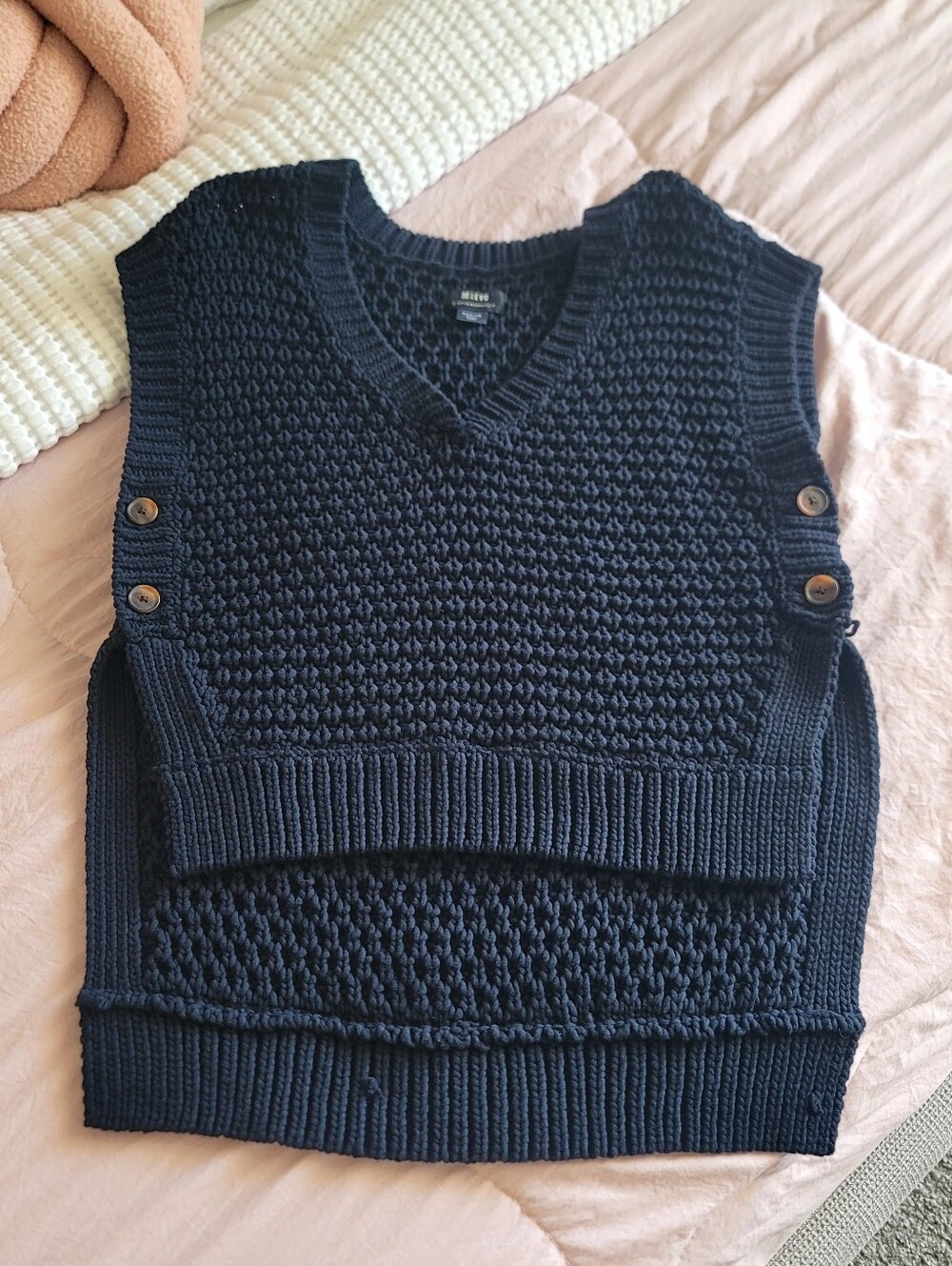 Navy Knit V-Neck Sweater Vest with Side Buttons